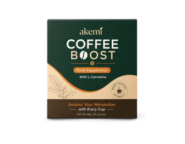 One box of Akemi Coffee Boost photographed front on, reading Food Supplement, With L-Carnitine, net wt 40 g, 20 sachets