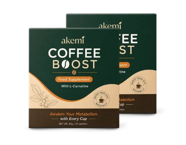 Two boxes of Akemi Coffee Boost, one standing a little behind the other