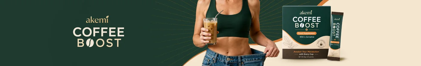 Akemi Coffee Boost banner: the wordmark beside a woman holding a glass of iced coffee and pulling out the waistband of loose jeans, with the carton and a sachet